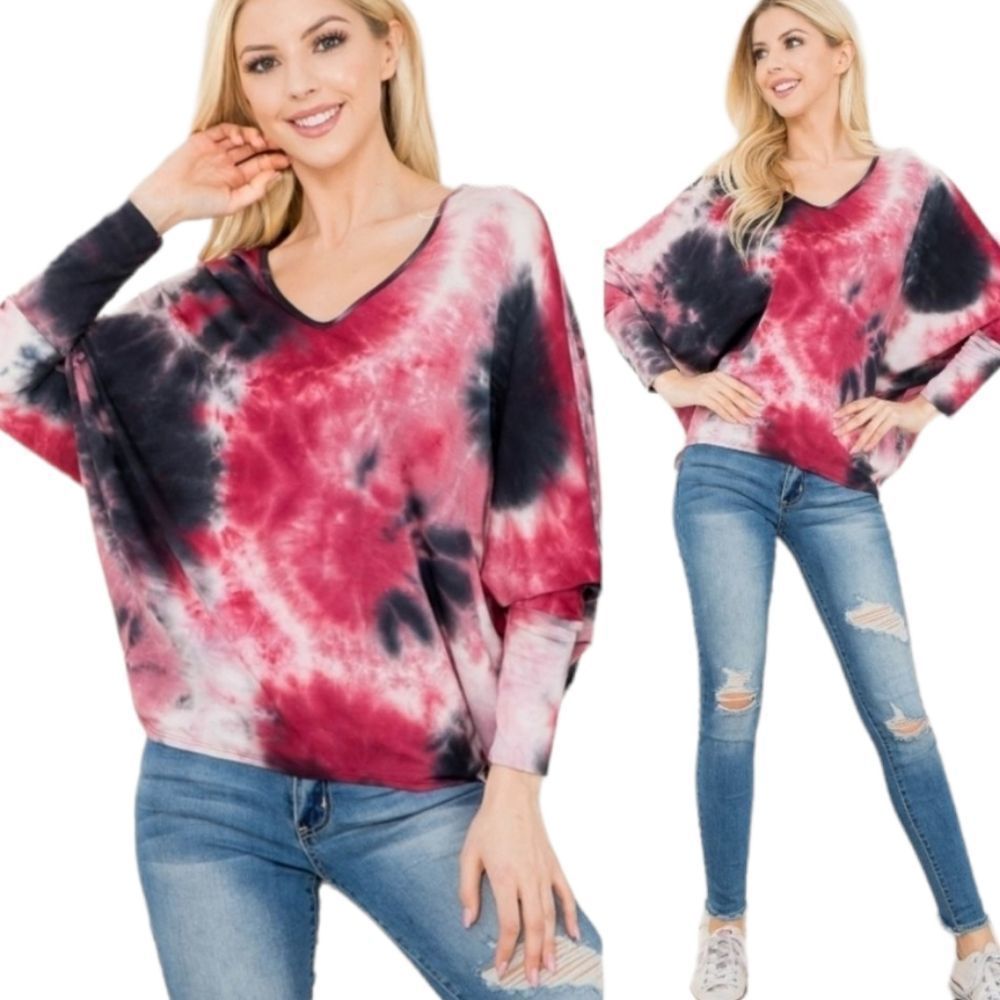 Women's Wine Tie Dye V-Neck Top - Picture 1 of 5